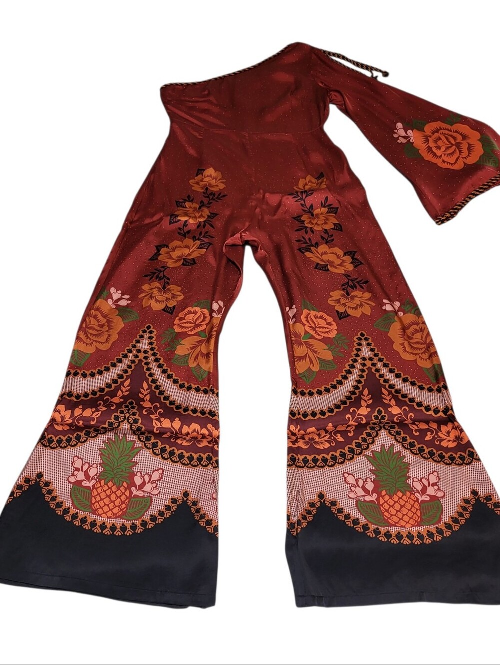 Farm Rio Anthropologie One Shoulder Jumpsuit Sz M Red Floral Satin Boho Festival - Picture 3 of 16